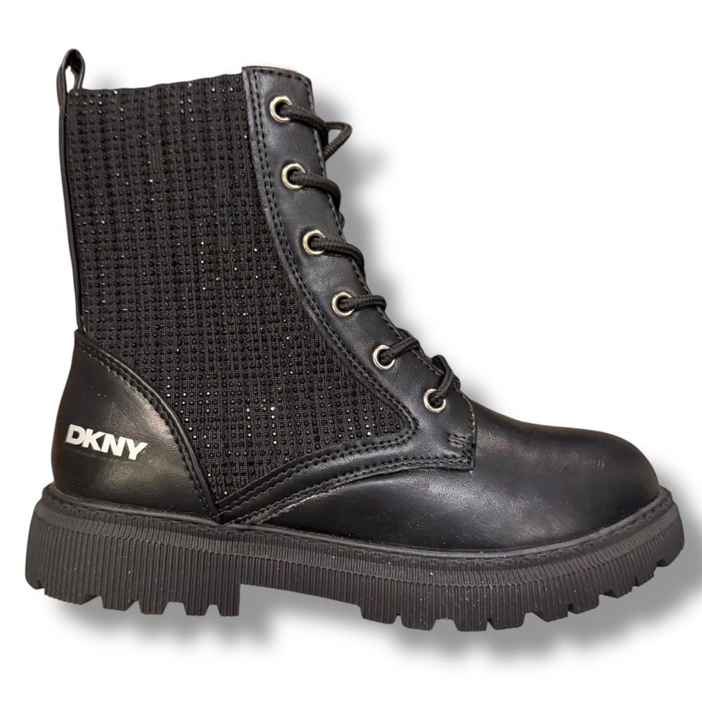DKNY Kids Black Ava Menia Combat Boots Rhinestone Cuff Side Zip Lace Up Sz 2 NEW - Picture 1 of 15